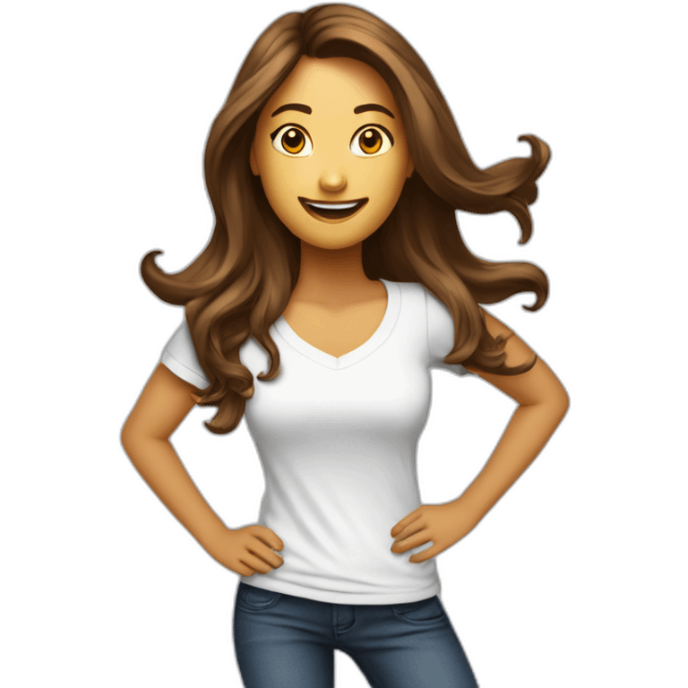 Woman with long hair dressing jens with DNX Solutions Tshirt dancing in high heels emoji