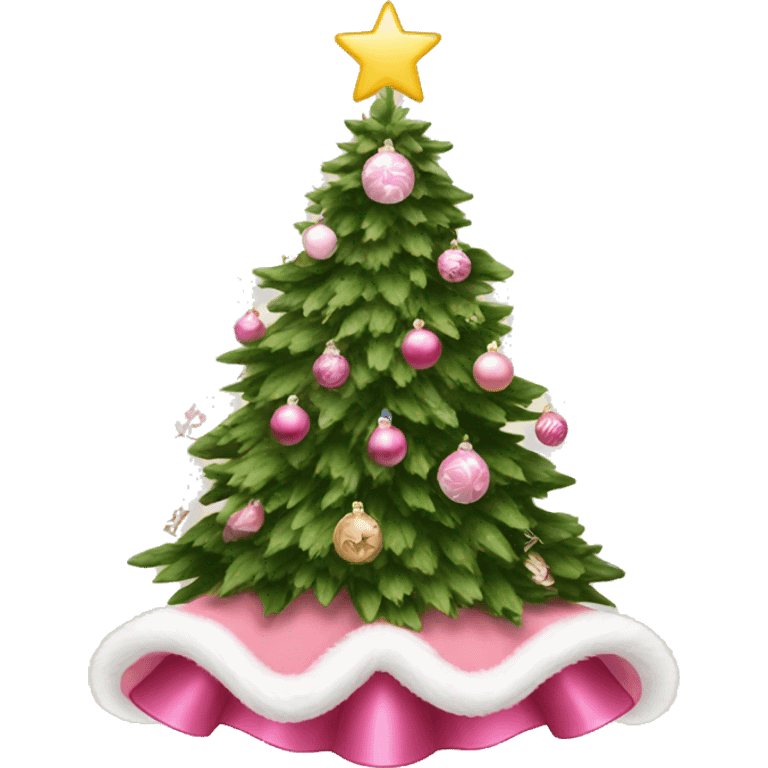 Christmas tree warm vibes with tree skirt and pink and white ornaments  emoji