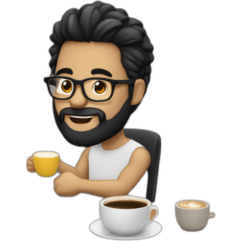 Designer with black hair, beard and glasses working with MacBook and drinking cappuccino  emoji