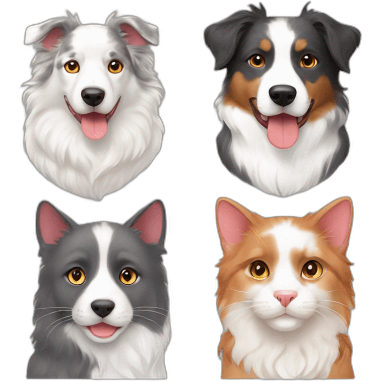 white and beige Australian shepherd dark gray cat and white and red cat emoji