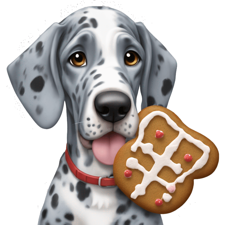 Blue Merle Great Dane eating gingerbread man emoji