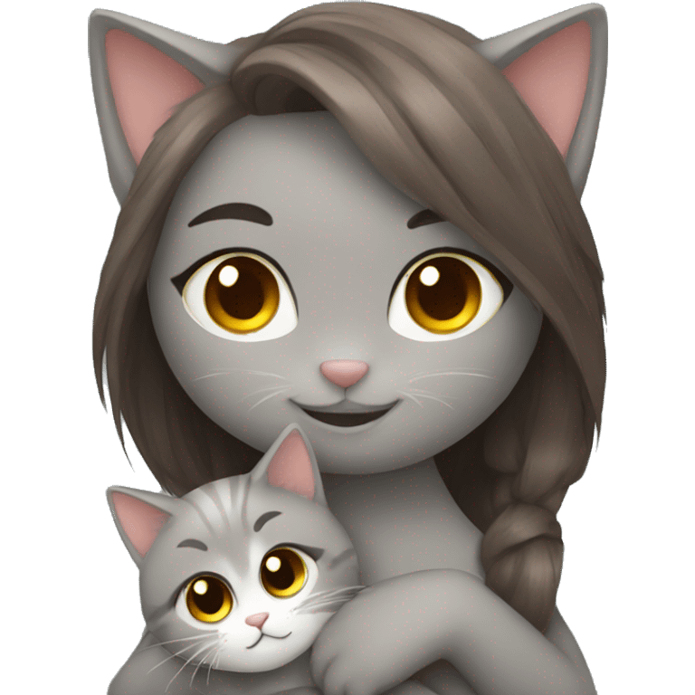 Fluffy grey cat hugging brown hair girl emoji