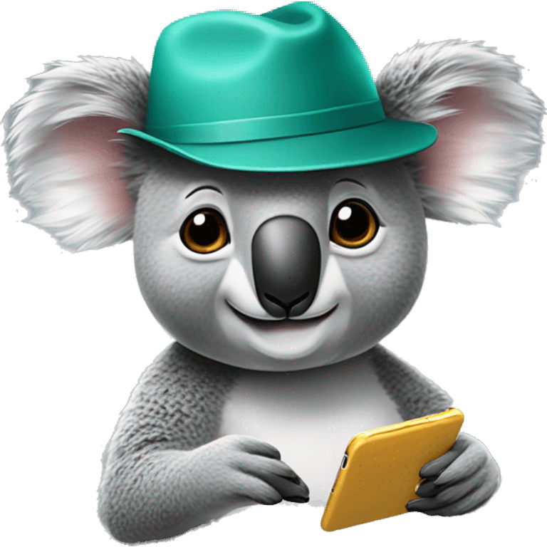 a koala whith a hat who send a message on his phone emoji