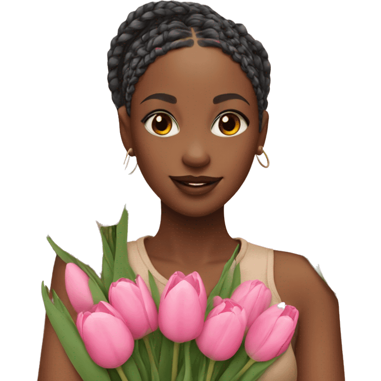 African girl with box braids holding pink tulips emoji