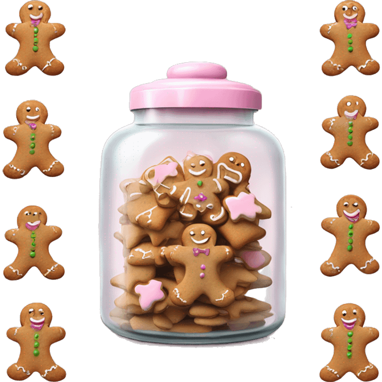 Realistic glass cookie jar with light pink lid full of gingerbread cookies isolated.  emoji