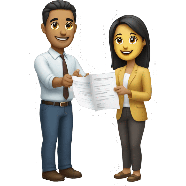 Hispanic man holding a document and shaking hands with a woman emoji