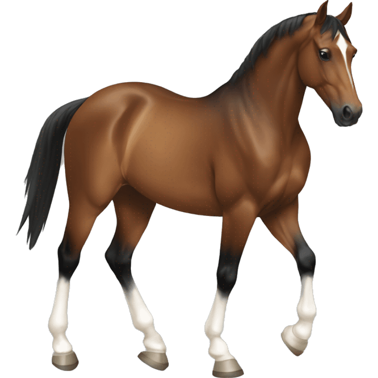 brown horse with two white socks in hind legs and two black legs in front, dressage emoji