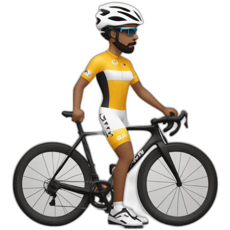 Ciclista de piel morena clara de contextura delgada estatura alta con zapatillas de ruta blancas licras negras y maillot blanco casco blanco y gafas negras con barba negra emoji