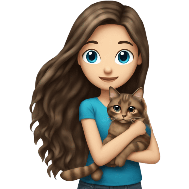 Long haired brunette blue eyed girl holding a long haired tortishell cat emoji