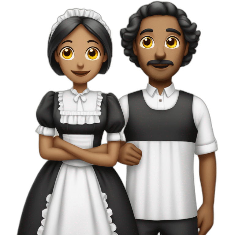 man dressed as maid besides his wife emoji