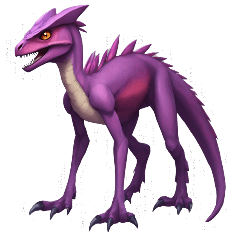 Anthro Mauve-maroon-red-violet-colored edgy anthro-genesect-velociraptor-scalie-sona-Fakémon-hybrid with a mane on head and back and horns full body emoji