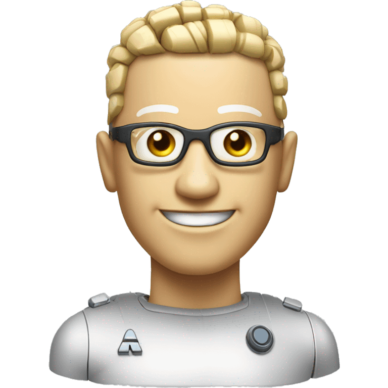 Cyborg head with fair skin, flat top haircut, rectangular glasses, circuits and smiling  emoji