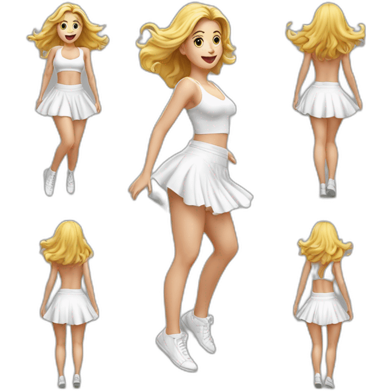 hyperrealistic-full-body-caucasian-curvy-beauty-jumping-small white-skirt-back-and-front-views-strong-wind-knickers emoji