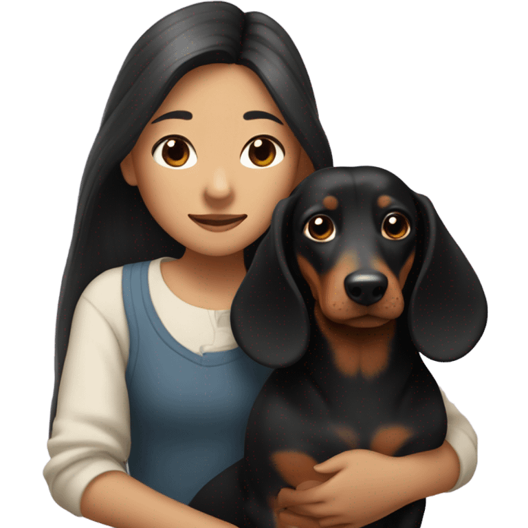 an Asian girl with long hair, hugging a black and tan long haired dachshund with a branch in its mouth emoji