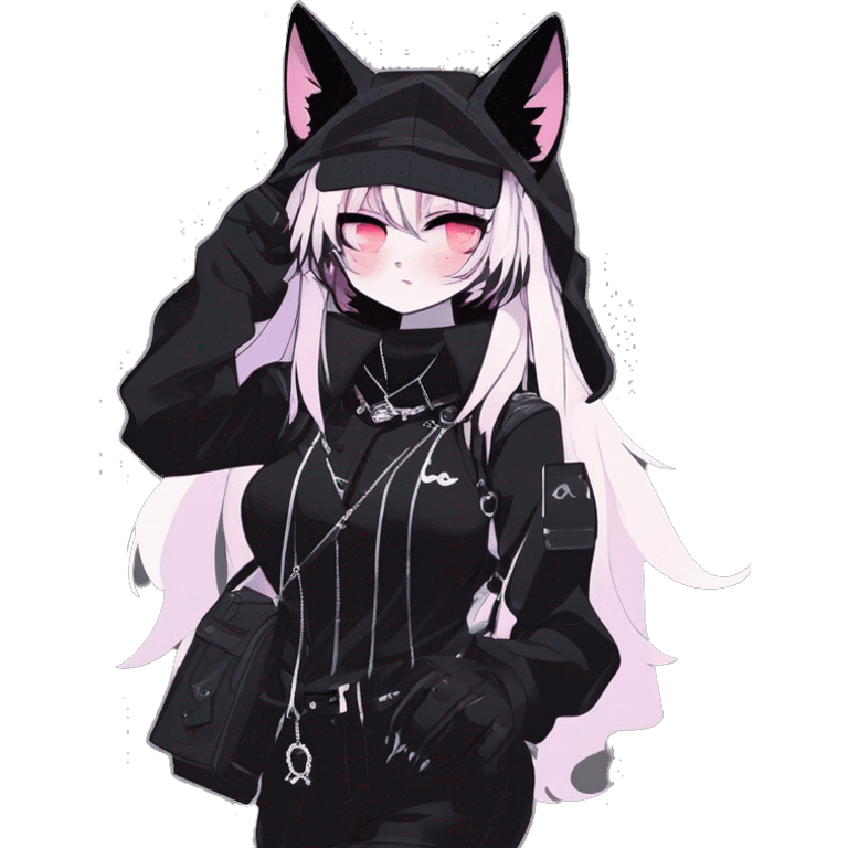 Gorgeous furry gothic dark techwear anime style anthro black cat furry sona with blushing face aesthetic and pretty edgy black with collar and harness trending style emoji