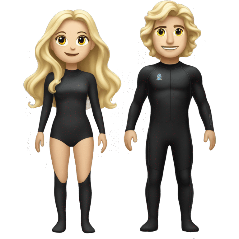 blonde white woman long hair wearing all black standing next to Jack Schlossberg in a wetsuit emoji