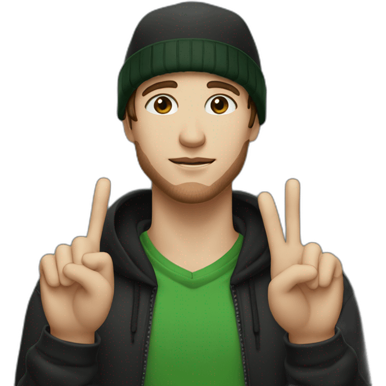 Man wearing black hoodie, black and green hat, brown hair, brown eyes, pale skin, giving peace sign emoji