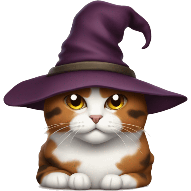 Fat calico cat witch maroon hat emoji