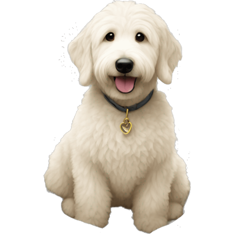 small white golden doodle sitting in a bed i emoji