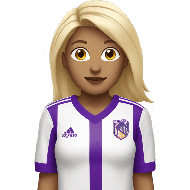 blonde woman wearing white soccer jersey with purple stripes emoji