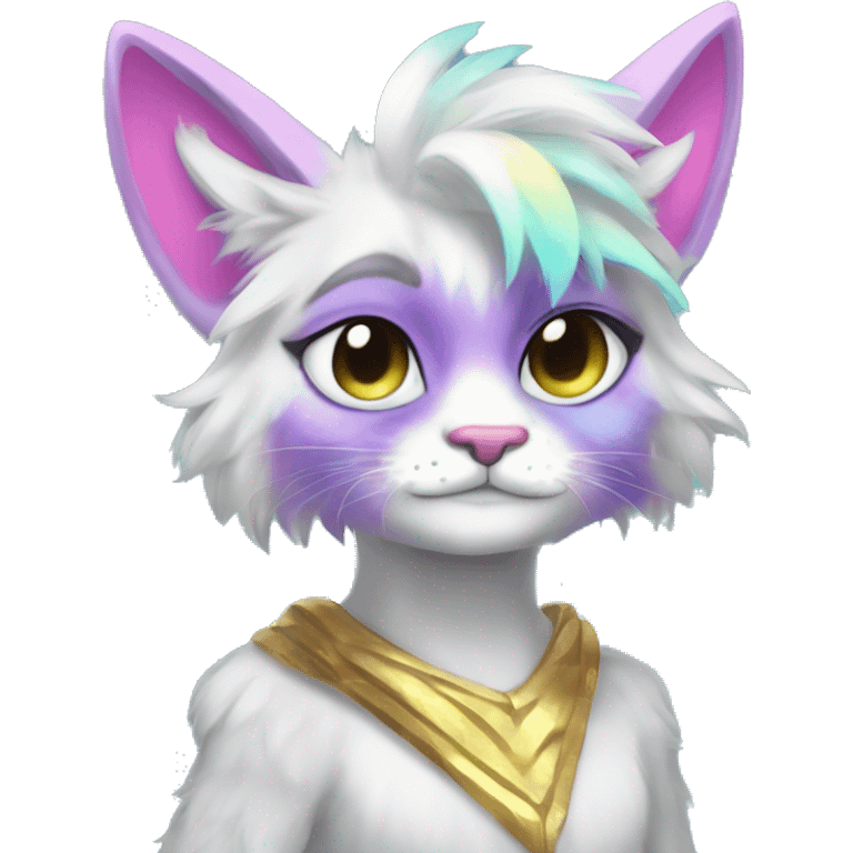 Furry, sparkle, iridescent, colorful, pastel, edgy, cool, fantasy beautiful, divine, animal, anthro, full body, fursona, feline emoji