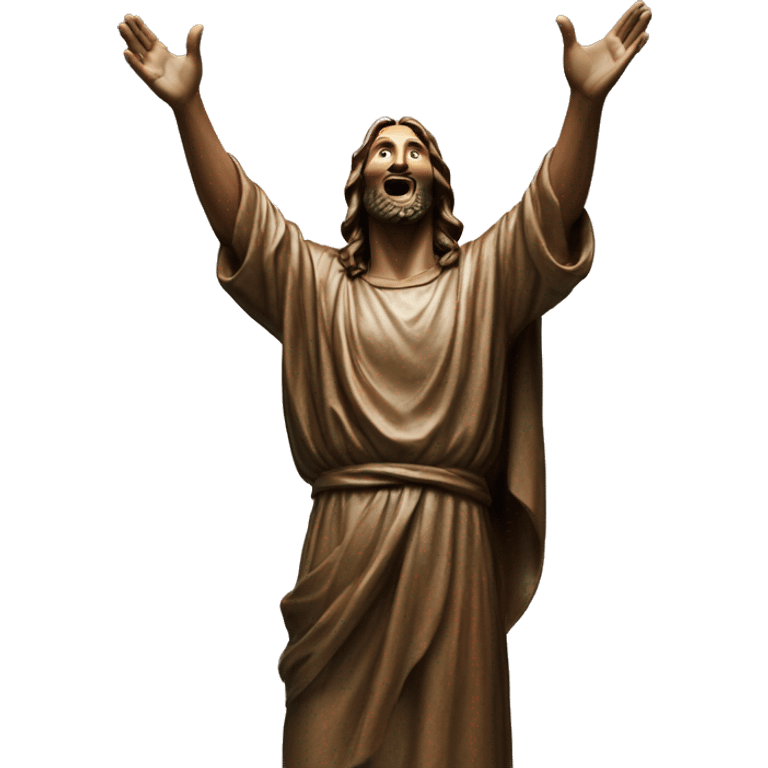 christ reaching up to sky with one hand, flying bronze emoji