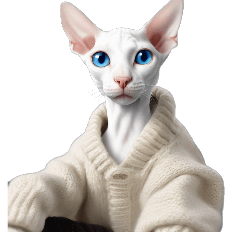 A white Cornish Rex cat with blue eyes sits on a warm sweater emoji