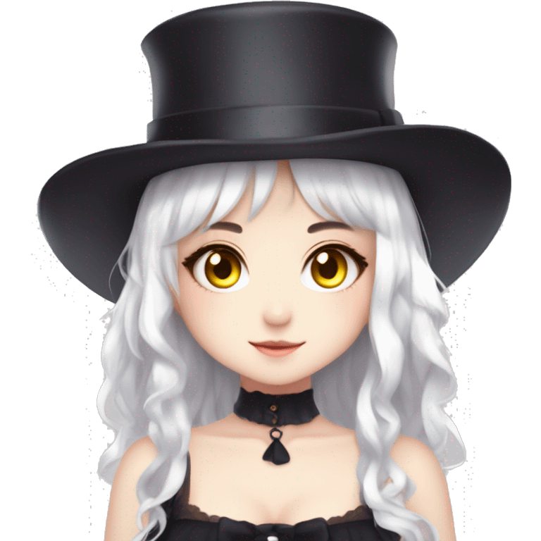 an anime anime girl with white hair and big yellow eyes wearing a top and a hat, cross, 1girl, solo, dark skin, hat, top hat, lolita fashion, fang, mini hat, gothic lolita, dark-skinned female, white background, white eyes, mini top hat emoji