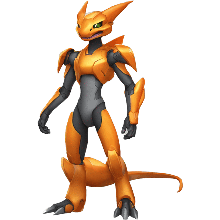 a shiny Genesect-Charizard-Raptor-Fakémon—hybrid with a futuristic visor-helmet full body emoji