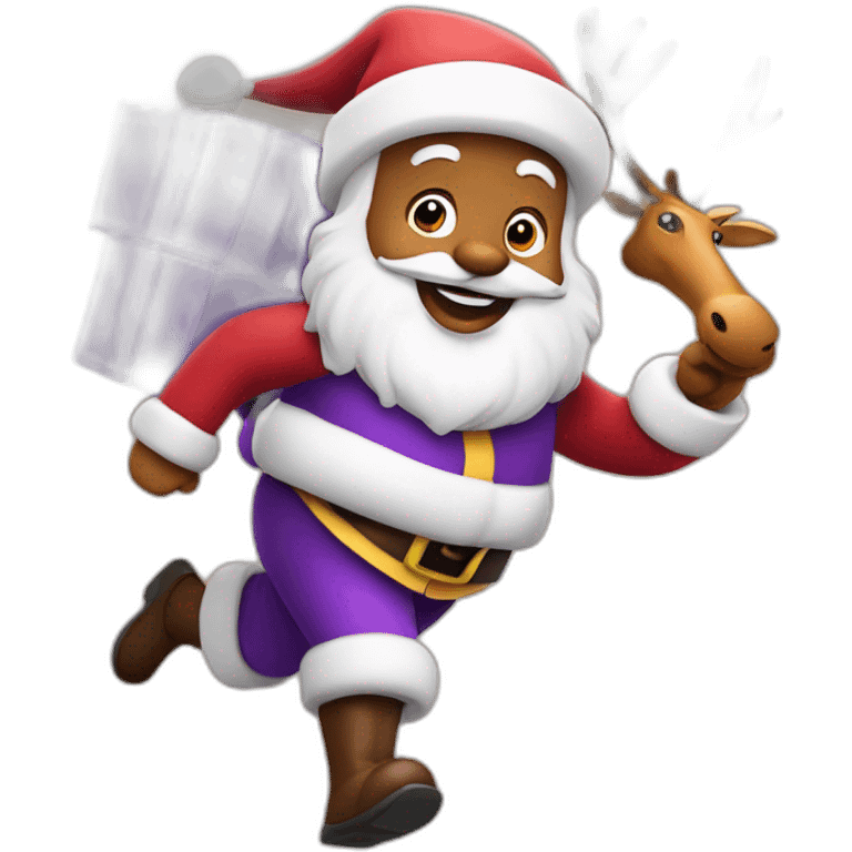 Santa Claus dressed in purple running with the reindeer to deliver the presents emoji