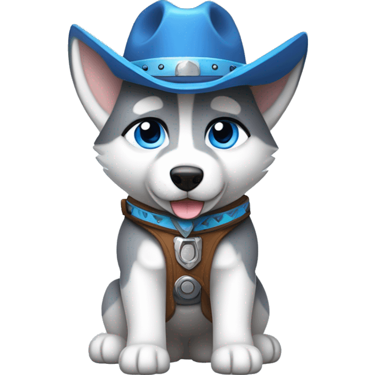 Gray Siberian Husky with blue eyes puppy wearing a cowboy hat dressed in Jedi clothing Holding a Lightsaber with the Paw emoji