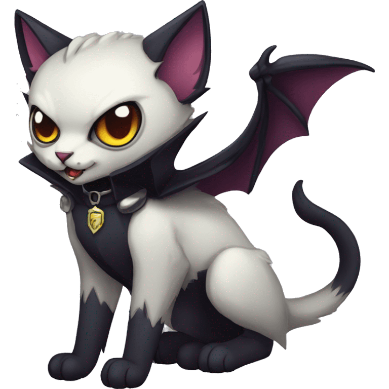  cool edgy fantasy dark-themed animal vampiric cat-hybrid Fakemon with fangs and bat-wing-ears with a collar full body emoji