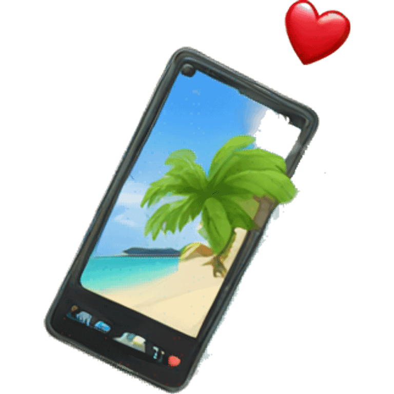 Palm Tree On island with a phone that has a heart on the screen on the sand thats playing a game emoji