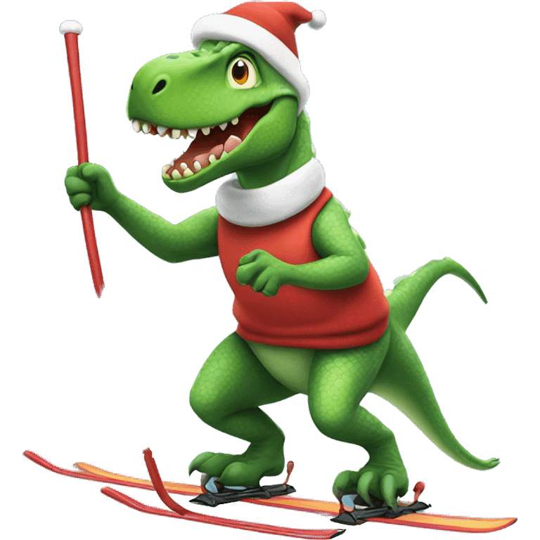 christmas dinosaur skiing while holding poles, cartoon, emoji, transparent background emoji