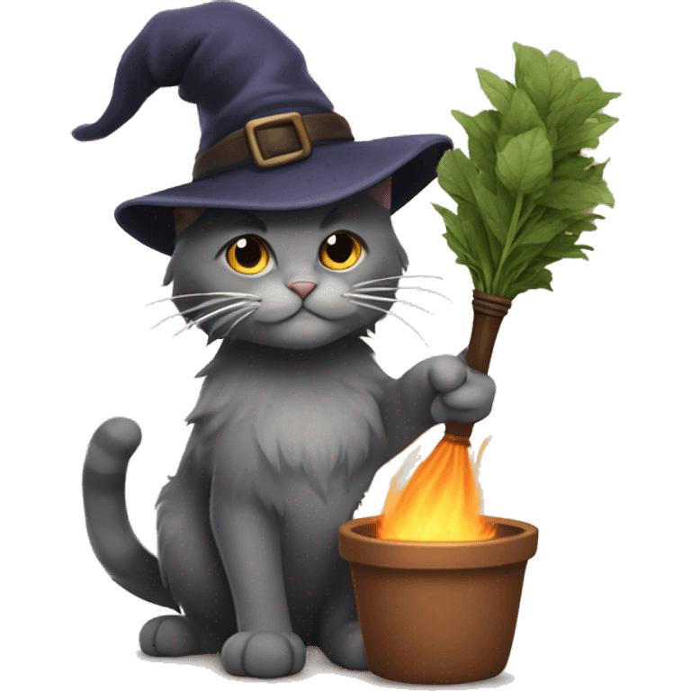 Smokey fluffy cat wearing old witches hat, holding a broomstick and a potted herb  emoji