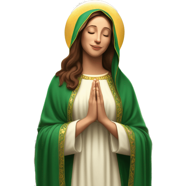 Virgin Mary: kind face looking down at the left, long brown hair, Wearing an emerald green  robe with gold stars and a burgundy red dress,  Hands in prayer or blessing. Halo around her head. standing in front of a big sun. colorful roses on the sides  emoji