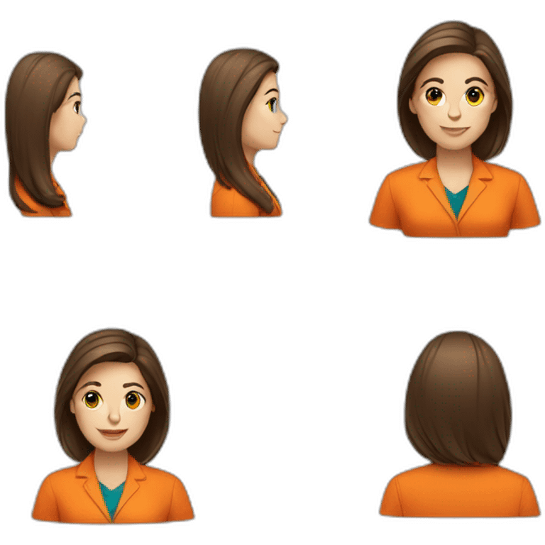 receptionist desk brown hair orange shirt emoji