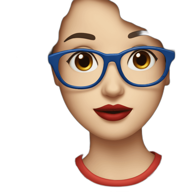 caucasian woman with retro glasses, dark brown hair, bangs, red lipstick, blue and white striped t shirt emoji