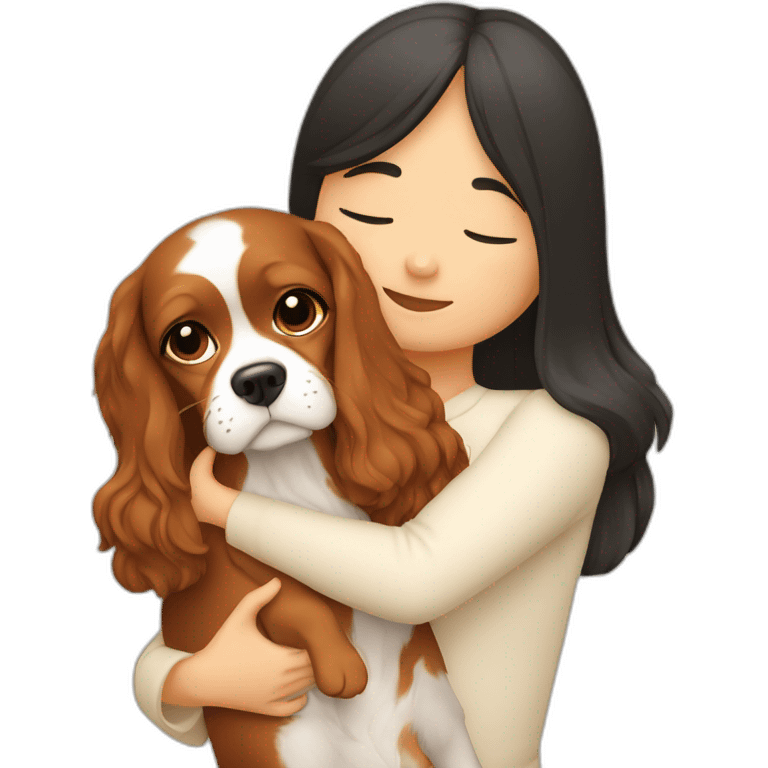 asian girl hugging two cavalier king charles spaniel  emoji