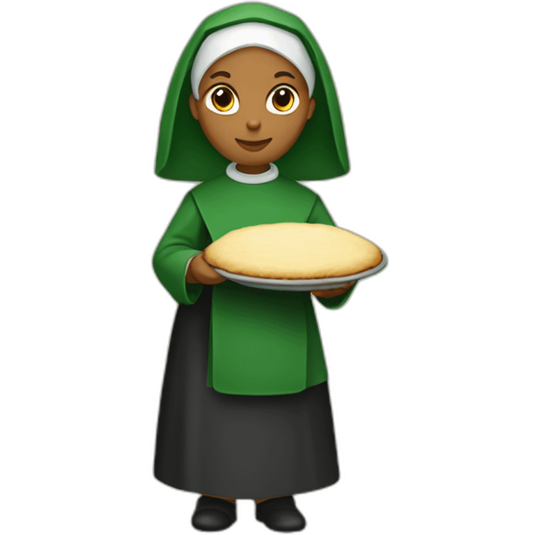 a nun wearing green holding a shepherd pie emoji