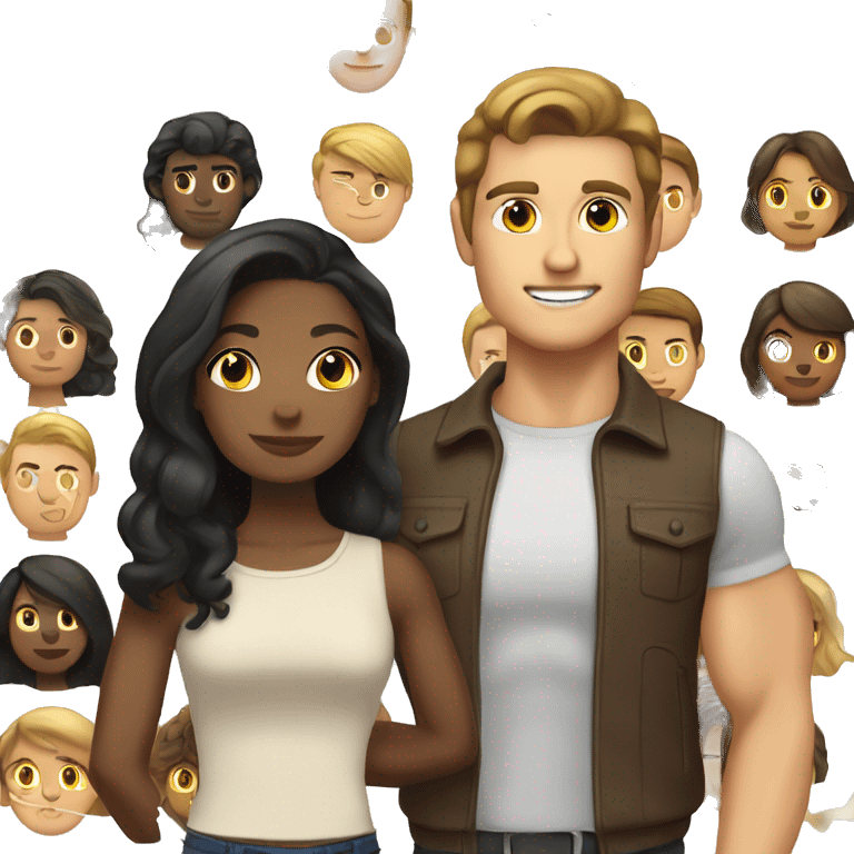 girl black long hair and tan skin and medium tone brown haired muscular white guy emoji