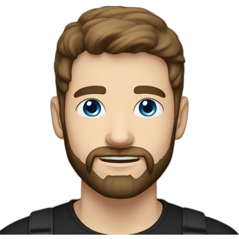 White man with blue eyes, dark brown hair, styled sideways backwards. He has a beard and mustache trimmed and wears a black t-shirt. emoji