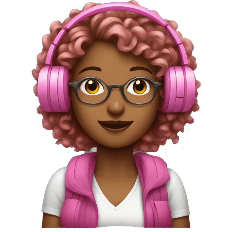 Long curly haired woman listening to music with pink headphones emoji