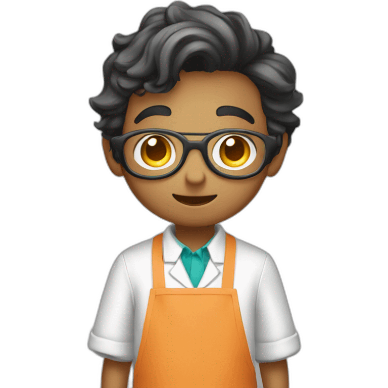 A scientist boy wearing apron and and having camera on hands emoji