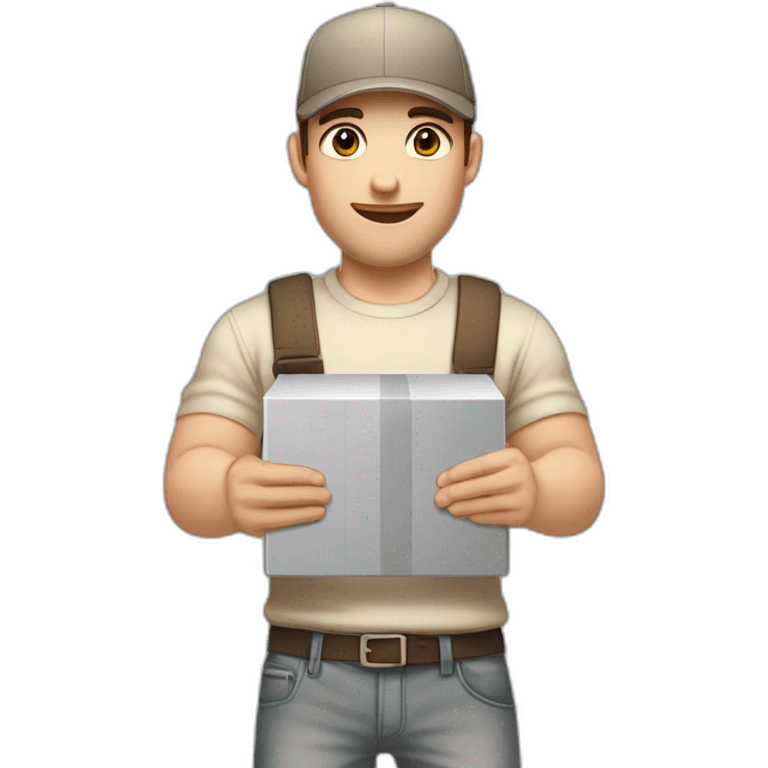 Pale skinned fit Man with dark brown hair in a beige cap, gray jeans, brown polo and white T-shirt keeping a pasted with tape white box into his hands emoji