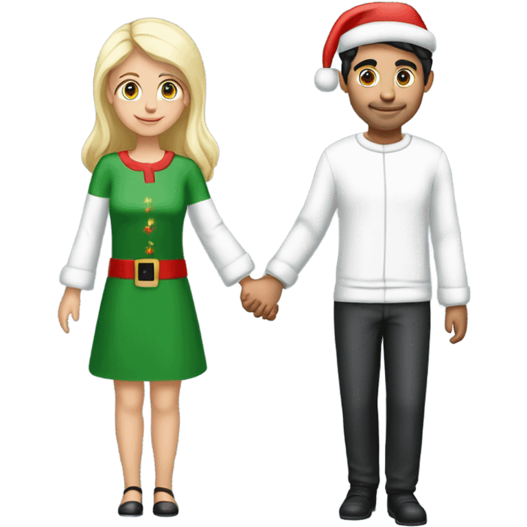 A couple (a handsome young Italian guy with black hair, pretty German/English girl with blonde hair) holding hands wearing matching christmas pajamas and Santa hats emoji