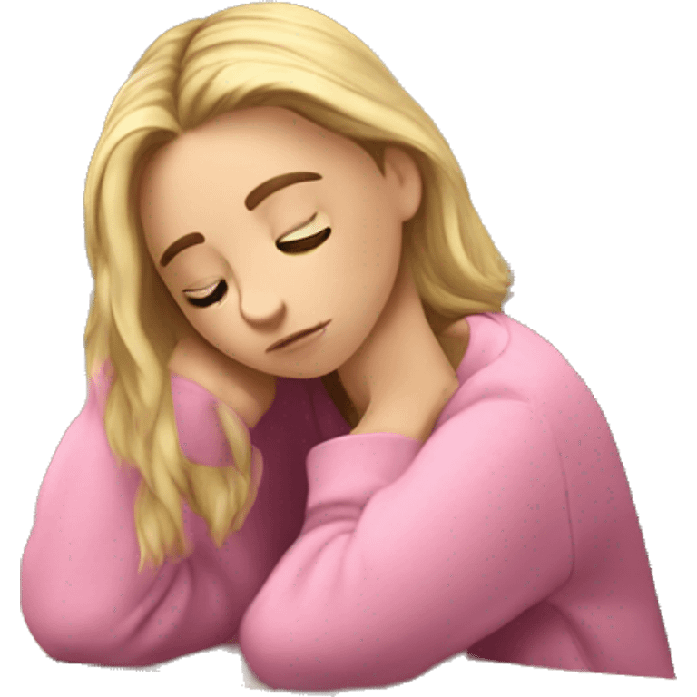 A tired white girl student in a pink sweater studies among books and a computer   emoji