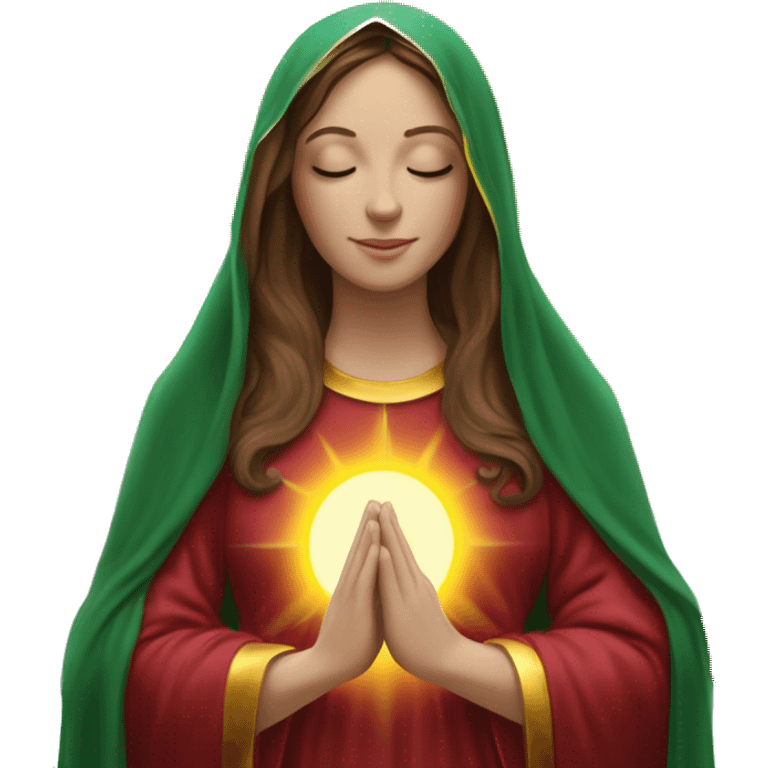 Virgin Mary: kind face looking down at the left, long brown hair, Wearing an emerald green  robe with gold stars and a burgundy red dress,  Hands in prayer or blessing. Halo around her head. standing in front of a big sun. colorful roses on the sides  emoji