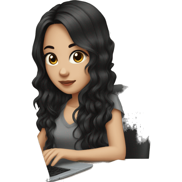 Beautiful girl,Black hair,wavy hair，long hair,Black eyes,Chinese, typing on laptop  emoji