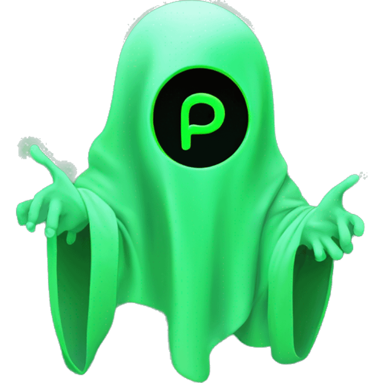 Neon green ghost holding a ''P'' in one hand and an ''E'' on the other hand emoji